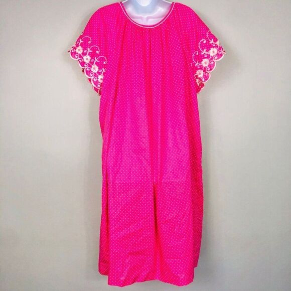 Vintage 80s Womens Housecoat Robe 2XL Pink White Polka Dot Short Sleeve - Picture 4 of 8